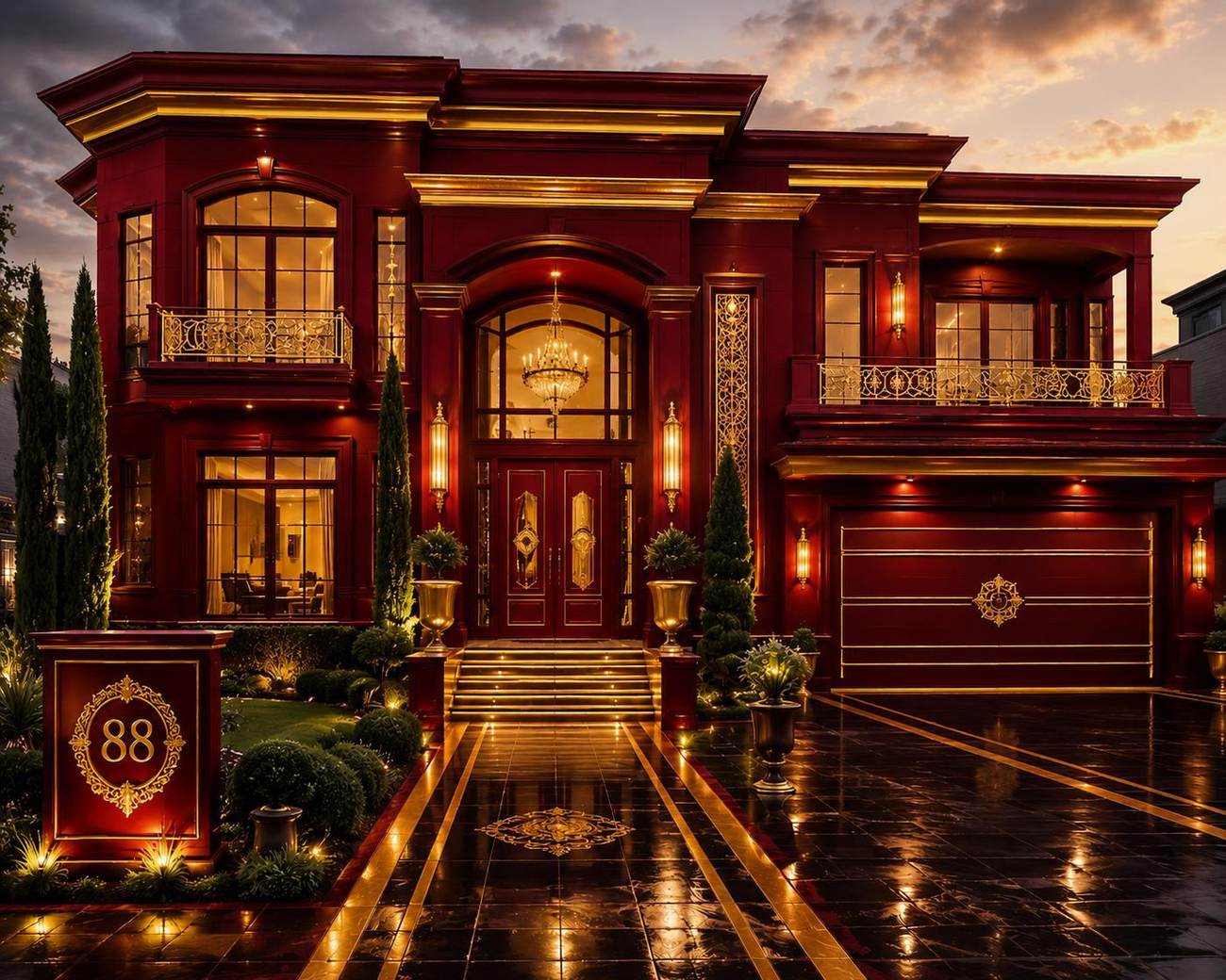 A stately home entrance with warm evening lighting